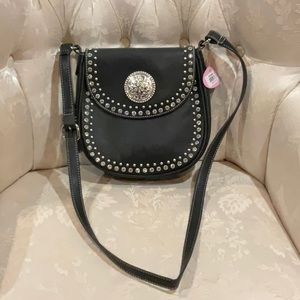 Blazin Roxx black leather crossbody rhinestone & studded. Adjustable strap.